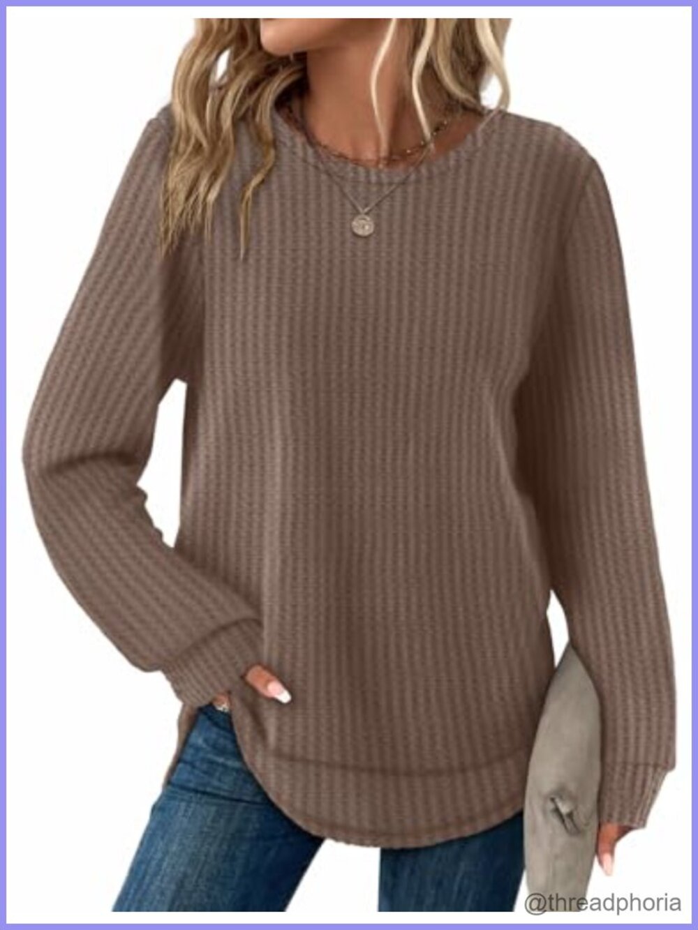 Womens Waffle Knit Tunic Top Long Sleeve Curved Hem Pullover